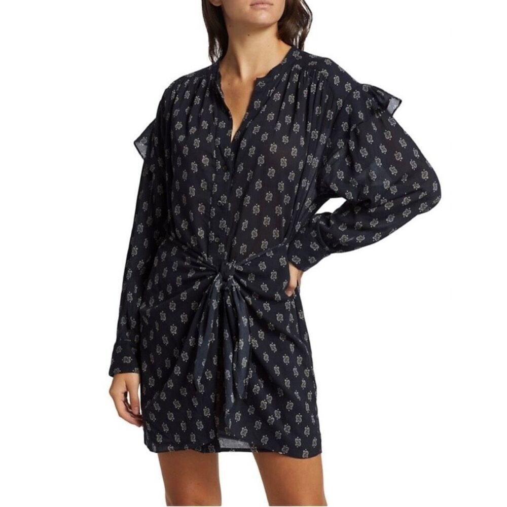 XiRENA Suri Navy Paisley Tie Front Cotton Poplin Shirt Dress Coastal Boho Small